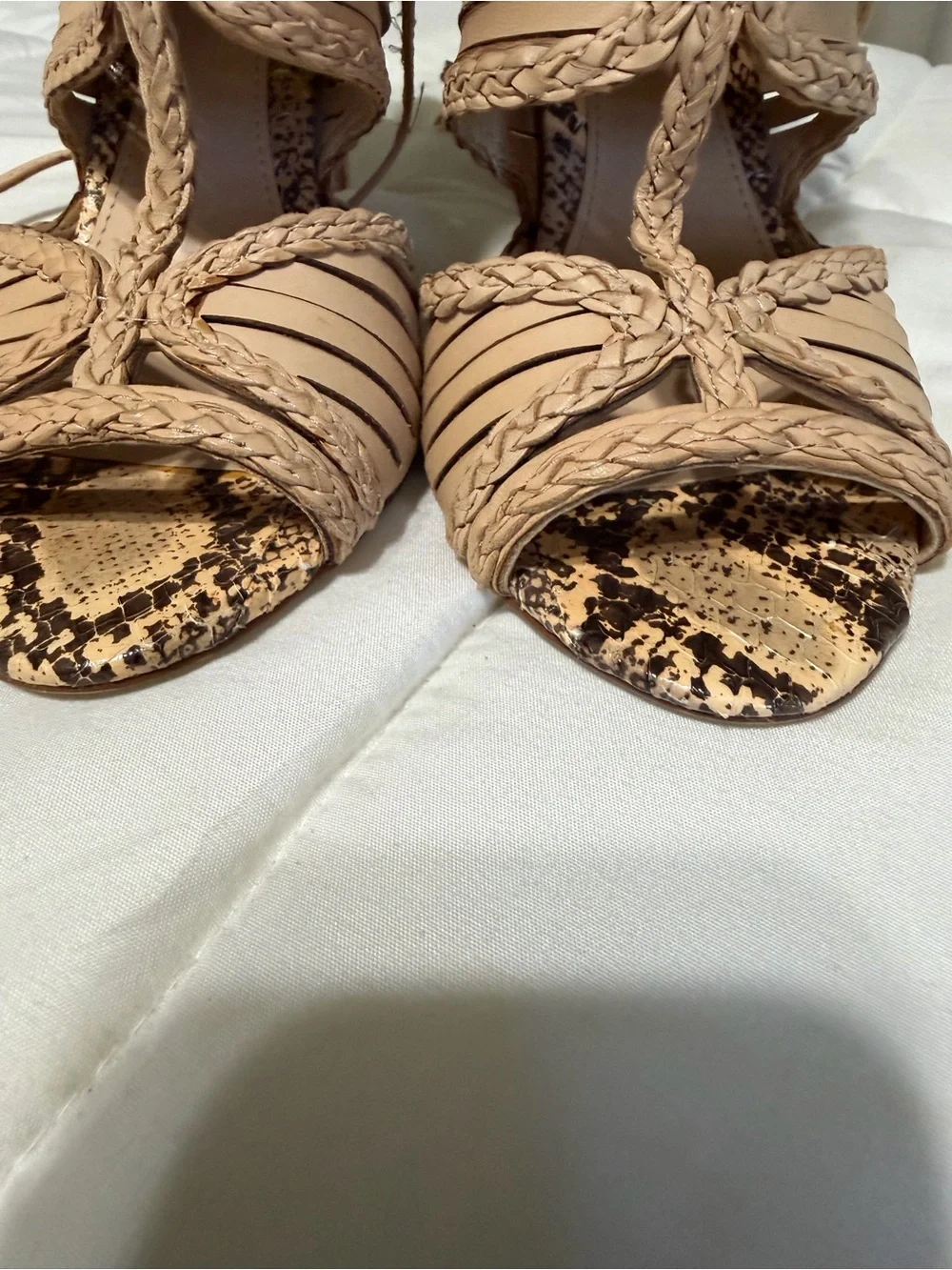 Vince Camuto Tan Braided Strappy High Heel Sandals with Snakeskin Toe